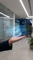 Businessman hand presenting holographic digital circuit network in modern office space for technology innovation and futuristic business concepts.