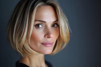 Confident blonde woman with bob haircut and natural makeup against dark background, portraying elegance and professionalism for beauty or business content.