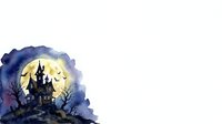 Haunted castle silhouette against full moon with bats flying in night sky. Watercolor illustration on isolated white background, ready for Halloween designs, posters, and merchandise.