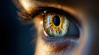 Close-up macro shot of luminous amber and blue human eye with detailed iris pattern, long eyelashes, and natural light reflection creating dramatic atmosphere.