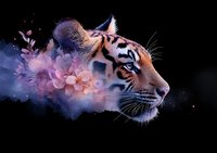 Majestic tiger head profile with ethereal pink cherry blossoms and mystical smoke effect emerging from its form against dark background, artistic wildlife fantasy composition.