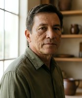 Middle-aged Hispanic man in olive green shirt standing in modern kitchen with wooden shelves and natural window light for lifestyle photography.
