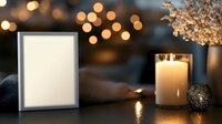 Mockup frame with glowing candle on dark background with bokeh lights and dried flowers creating cozy atmosphere for winter holiday design.