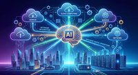 Artificial intelligence brain connecting cloud computing services with smart city infrastructure through glowing network connections on futuristic digital background.