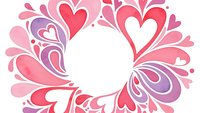 Pink and red heart shapes with decorative swirls forming circular frame on white background. Romantic ornamental design for Valentine's Day cards and love themes.