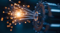 Glowing fiber optic cables transmit data through circular technology hub with orange light trails and bokeh effects on dark blue background.