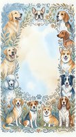 Decorative dog breeds frame with golden retriever, french bulldog, beagle, dachshund, labrador, corgi, poodle, border collie and spaniel on floral border.