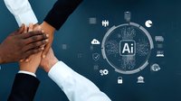 Business team hands together with AI artificial intelligence technology icons and neural network brain symbol representing teamwork collaboration.