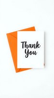 Thank you card with black script lettering on white, paired with a bright orange envelope on a clean white background.