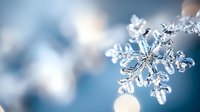 Delicate crystalline snowflake with intricate patterns captured in macro photography against soft blue winter background with natural bokeh light effects and frost details.