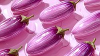Pink eggplants arranged in diagonal rows on light background creating modern minimalist food pattern with soft shadows and vibrant color.