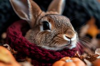 Adorable brown rabbit wearing burgundy knitted scarf surrounded by autumn leaves and pumpkins, close-up portrait showing detailed fur texture and expressive eyes.
