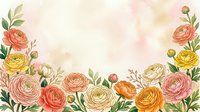 Watercolor floral border with pink, orange, and yellow ranunculus blooms on a soft pastel background, perfect for cards and invitations.
