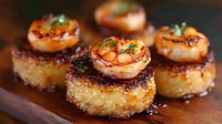 Seared scallops on crispy rice cakes garnished with fresh herbs and caramelized sauce, served on wooden board. Close up view shows golden-brown sear and glazed finish.