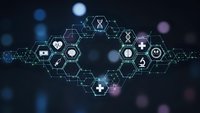 Digital healthcare network with medical icons in hexagonal grid pattern on dark blue background with glowing connections and bokeh lights.