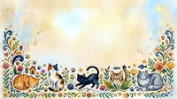 Watercolor cats border with floral ornaments and paw prints on textured paper background for greeting cards, invitations and decorative design projects.