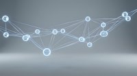 Connected network nodes with glowing circles and lines on gray background, representing data flow, digital communication, technology infrastructure, and interconnected systems for web design.