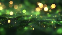 Magical green and gold bokeh lights with glitter particles creating dreamy abstract background. Defocused sparkles float in dark space for festive mood.