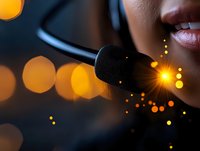Close up of lips near black microphone with golden bokeh lights and magical sparkles in dark atmosphere, professional audio recording concept.