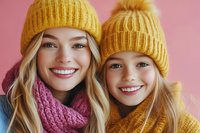 Happy mother and daughter wearing yellow knit winter hats and scarves smiling together on pink background. Family winter fashion portrait concept.