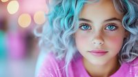 Young woman with bright blue curly hair, pink makeup and dreamy expression against soft bokeh background in pastel colors. Artistic portrait with ethereal mood.