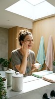 Young woman with dark hair styled in a bun, Caucasian ethnicity, applying skincare product to her face in a modern bathroom with skylight, wooden cabinetry, and hanging towels. Suitable for beauty, wellness, and self-care content.
