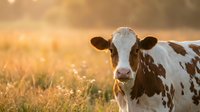 Holstein dairy cow standing in golden sunset pasture field with warm bokeh lighting and soft focus background for agricultural farming concepts.