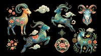 Ornate goat and ram clipart set in traditional Asian folk art style, isolated on transparent background. Great for stickers, t-shirt design, and print on demand.