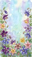 Watercolor columbine flowers frame with pastel purple, pink and yellow blooms on soft blue-green background, copy space for greeting cards.