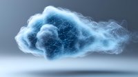Glowing blue cloud with network connections floating in space, digital technology concept representing cloud computing and data storage solutions.
