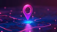 Glowing pink location pin marker floating over digital circuit map with neon blue light effects and bokeh background, futuristic navigation concept.