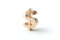 Golden dollar sign symbol on white background, metallic currency icon with realistic reflections and shadows, isolated financial element for business designs.