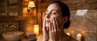 Young woman applying skincare cream in luxury spa bathroom with warm candlelight and stone walls for wellness and beauty routine relaxation.