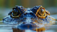Close-up macro shot of alligator eyes emerging from water surface, showing detailed reptilian pupils and scaly blue skin texture in dramatic lighting.