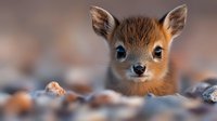 Young deer fawn with brown fur and alert expression standing among pebbles and rocks, suitable for wildlife and nature content.