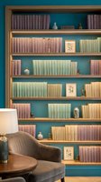 Elegant built-in bookshelf with colorful vintage books, decorative vases and framed botanical prints against turquoise wall in cozy reading nook interior.