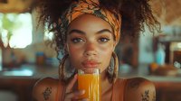 Young African American woman with curly hair and colorful headband enjoying fresh orange juice in modern kitchen setting for healthy lifestyle content.