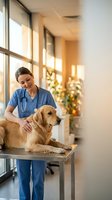 Female veterinarian in blue scrubs examining golden retriever dog on examination table in modern veterinary clinic with warm natural lighting.