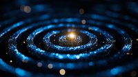 Glowing spiral galaxy with bright center and blue stardust swirls against dark background, cosmic space exploration concept for astronomy and science designs.