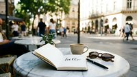 Open notebook with hello written inside, coffee cup, sunglasses and pen on marble cafe table in sunny European city square.