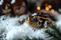 Golden wedding rings nestled in winter holiday setting with pine branches, snow and bokeh lights creating romantic festive atmosphere for wedding photography.