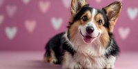 Happy Welsh Corgi dog lying on pink background with heart pattern, smiling at camera. Perfect for pet adoption, animal care, or Valentine's themed designs.