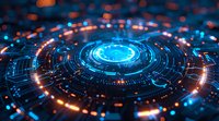 Futuristic circular technology interface with glowing blue and orange lights, digital data visualization background showing concentric rings and circuit patterns.