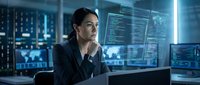 Professional businesswoman analyzing data on multiple computer screens in modern tech office environment with blue lighting and digital displays.