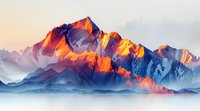 Majestic mountain landscape at sunset with vibrant orange and purple peaks reflecting in calm water, perfect for travel websites, adventure branding, or nature-inspired wall art designs.