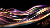 Luminous flowing waves with sparkling particles in purple, gold and teal colors against black background create magical abstract light effect. Suitable for luxury designs.