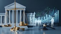 Golden scales of justice with courthouse columns and financial market data charts representing legal compliance in business and finance sectors.