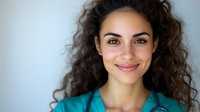 Young Hispanic female healthcare worker with curly dark hair wearing turquoise scrubs smiling warmly at camera against light background. Professional medical portrait.