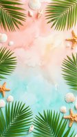 Tropical summer frame with palm leaves, seashells and starfish on pastel pink blue watercolor background for vacation design projects.
