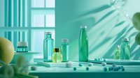 Green glass bottles and citrus fruit in sunlight with dramatic window shadows creating minimalist composition for spa, wellness, or cosmetic products.